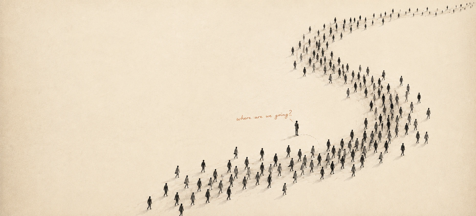 A crowd walking in a long curve; one figure has stopped to ask where we are going